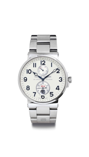 ULYSSE NARDIN. A STAINLESS STEEL AUTOMATIC WRISTWATCH WITH DATE, UP-AND-DOWN INDICATION AND BRACELET