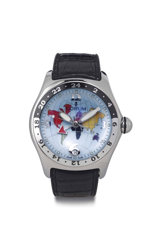 CORUM. A STAINLESS STEEL TONNEAU AUTOMATIC DUAL TIME WRISTWATCH WITH CENTER SECONDS AND DATE