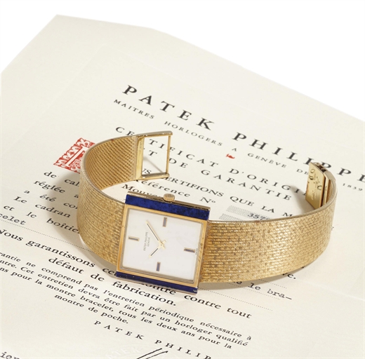 PATEK PHILIPPE. A FINE AND RARE 18K GOLD AND LAPIS LAZULI WRISTWATCH WITH BRACELET AND ORIGINAL CERTIFICATE OF ORIGIN