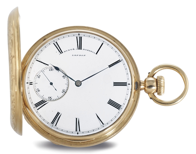 HUNT & ROSKELL. AN 18K GOLD HUNTER CASE DETENT POCKET CHRONOMETER WITH ECCENTRIC SECONDS