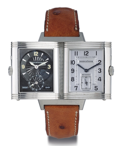 JAEGER-LECOULTRE. A STAINLESS STEEL REVERSIBLE DOUBLE DIAL DUAL TIME ZONE WRISTWATCH WITH 24 HOUR INDICATION
