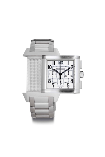 JAEGER-LECOULTRE. A LARGE STAINLESS STEEL AUTOMATIC CHRONOGRAPH REVERSO WRISTWATCH WITH DATE AND 24 HOUR INDICATION