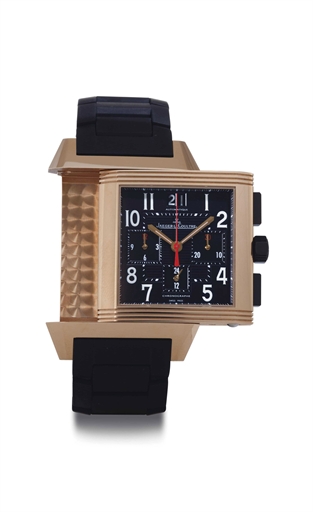 JAEGER-LECOULTRE. A LARGE LIMITED EDITION 18K PINK GOLD AUTOMATIC CHRONOGRAPH REVERSO WRISTWATCH WITH DATE AND 24 HOUR INDICATION