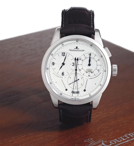JAEGER-LECOULTRE. A FINE AND RARE PLATINUM CHRONOGRAPH WRISTWATCH WITH UNUSUAL DUAL POWER RESERVE AND JUMPING SECONDS