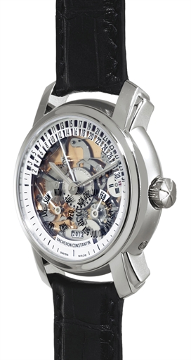 VACHERON CONSTANTIN. A FINE AND RARE PLATINUM AUTOMATIC PERPETUAL CALENDAR SKELETONIZED WRISTWATCH WITH RETROGRADE DATE