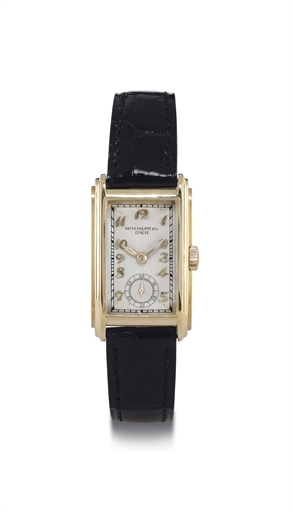 PATEK PHILIPPE. AN 18K GOLD RECTANGULAR WRISTWATCH WITH BREGUET NUMERALS
