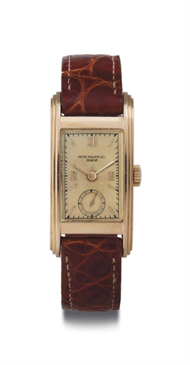 PATEK PHILIPPE. A RARE 18K PINK GOLD RECTANGULAR WRISTWATCH