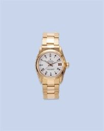 AN 18K GOLD MIDSIZE AUTOMATIC CENTRE SECONDS CALENDAR WRISTWATCH, BY ROLEX
