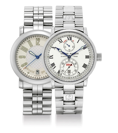 GERALD GENTA AND ULYSSE NARDIN. A LOT OF TWO STAINLESS STEEL AUTOMATIC WRISTWATCHES WITH DATE AND BRACELET