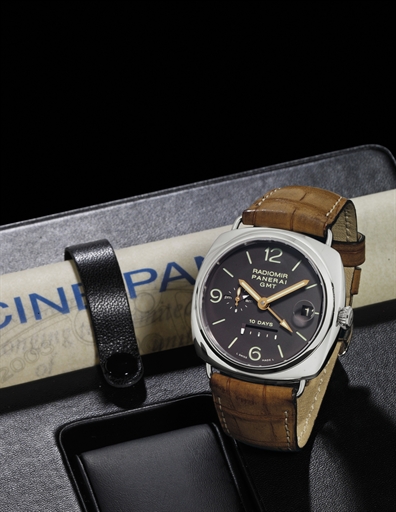 PANERAI. A FINE PLATINUM LIMITED EDITION CUSHION-SHAPED AUTOMATIC DUAL TIME WRISTWATCH WITH NIGHT AND DAY INDICATION, 10 DAY POWER RESERVE AND DATE