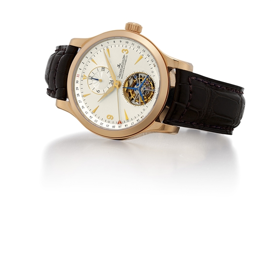 JAEGER-LECOULTRE. A FINE AND LARGE 18K PINK GOLD AUTOMATIC DUAL TIME TOURBILLON WRISTWATCH WITH DATE
