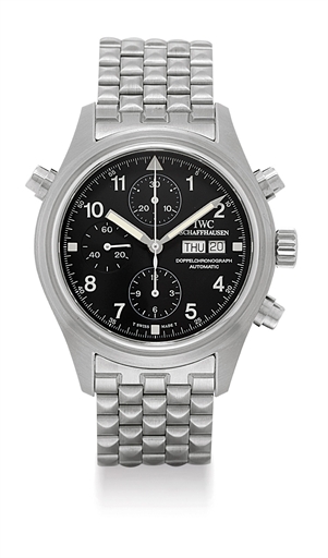 IWC. A STAINLESS STEEL AUTOMATIC SPLIT SECONDS PILOT'S CHRONOGRAPH WRISTWATCH WITH DAY, DATE AND BRACELET