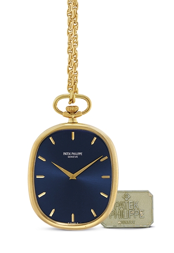 PATEK PHILIPPE. A FINE AND UNUSUAL 18K GOLD OVAL OPENFACE KEYLESS LEVER PENDANT WATCH WITH ASSOCIATED 18K GOLD CHAIN