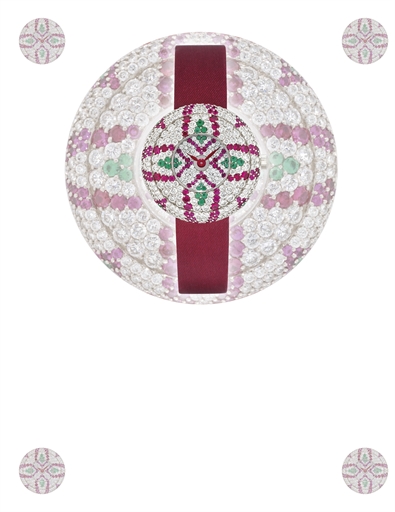 BLANCPAIN. A LADY'S UNIQUE 18K WHITE GOLD, DIAMOND, RUBY AND EMERALD-SET WRISTWATCH