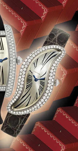 CARTIER. A LADY'S FINE 18K WHITE GOLD AND DIAMOND-SET ASYMMETRIC WRISTWATCH