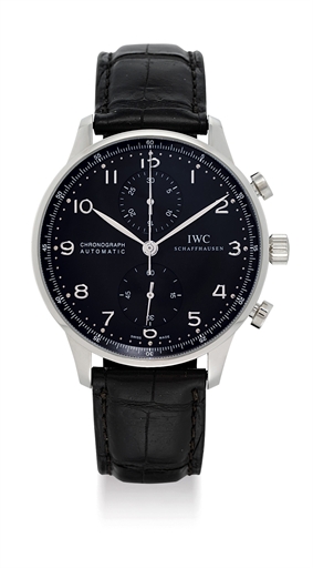 IWC. A LARGE STAINLESS STEEL AUTOMATIC CHRONOGRAPH WRISTWATCH WITH BLACK DIAL