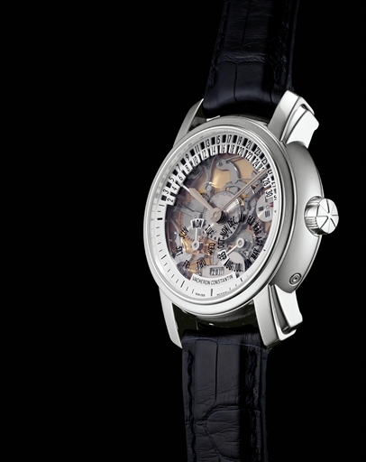 VACHERON CONSTANTIN. A FINE AND RARE PLATINUM AUTOMATIC PERPETUAL CALENDAR SKELETONIZED WRISTWATCH WITH RETROGRADE DATE AND DIGITAL YEAR DISPLAY