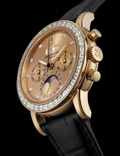 PATEK PHILIPPE. AN EXTREMLY FINE AND VERY RARE 18K PINK GOLD AND DIAMOND-SET PERPETUAL CALENDAR CHRONOGRAPH WRISTWATCH WITH PINK DIAL, MOON PHASES, LEAP YEAR INDICATION, ORIGINAL CERTIFICATE AND ADDITIONAL CASE BACK