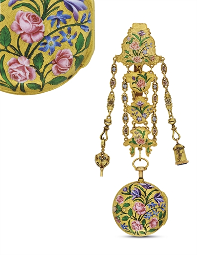 JOSIAH EMERY. A FINE DECORATIVE GOLD AND ENAMEL OPENFACE A TOC QUARTER REPEATING KEYWOUND VERGE WATCH WITH MATCHING GILT AND ENAMEL CHATELAINE