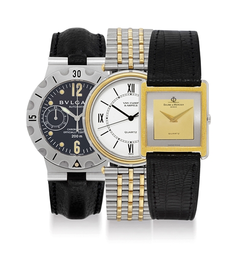 BULGARI, VAN CLEEF & ARPELS AND BAUME & MERCIER. A LOT OF ONE STAINLESS STEEL AUTOMATIC CHRONOGRAPH WRISTWATCH AND TWO STAINLESS STEEL AND GILT WRISTWATCHES