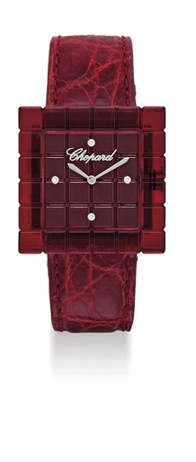 CHOPARD. A LADY'S LIMITED EDITION SQUARE RED RESIN AND DIAMOND-SET QUARTZ WRISTWATCH
