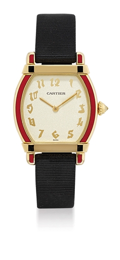 CARTIER. A RARE LADY'S FINE 18K GOLD AND ENAMEL TONNEAU-SHAPED WRISTWATCH