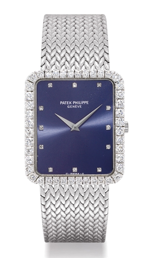 PATEK PHILIPPE. AN 18K WHITE GOLD AND DIAMOND-SET RECTANGULAR WRISTWATCH WITH BRACELET