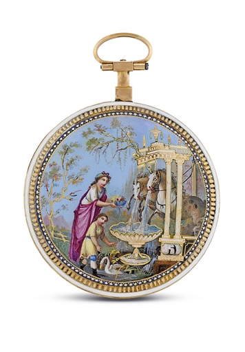 SWISS. A DECORATIVE GOLD AND ENAMEL OPENFACE VERGE WATCH