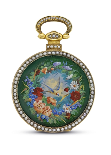 JUST & SON. A SILVER GILT, ENAMEL AND PEARL-SET DUPLEX WATCH WITH CENTRE SECONDS, MADE FOR THE CHINESE MARKET
