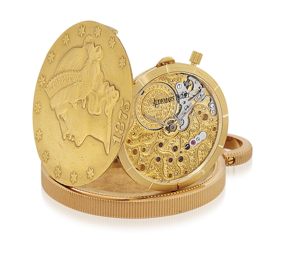 AUDEMARS PIGUET. AN 18K PINK GOLD TWENTY DOLLAR COIN SKELETONIZED WATCH