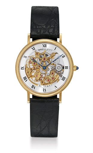 BREGUET. AN 18K GOLD AUTOMATIC SKELETONIZED WRISTWATCH