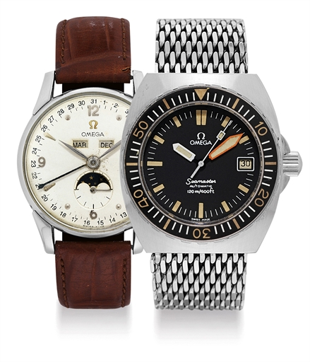 OMEGA. A GROUP OF TWO STAINLESS STEEL WRISTWATCHES WITH DATE