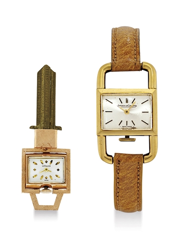 LECOULTRE AND JAEGER LECOULTRE. AN 14K GOLD KEY FORM WATCH AND A LADY'S 18K GOLD WRISTWATCH FOR HERMES PARIS