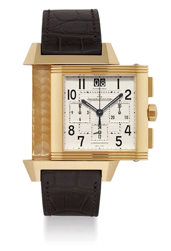 JAEGER-LECOULTRE. A LARGE 18K PINK GOLD AUTOMATIC DUAL TIME CHRONOGRAPH REVERSO WRISTWATCH WITH DATE