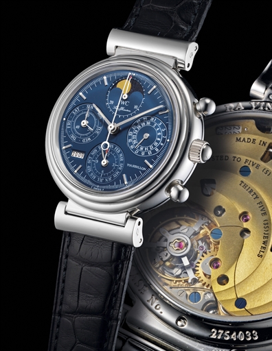 IWC. A FINE LIMITED EDITION PLATINUM PERPETUAL CALENDAR TOURBILLON CHRONOGRAPH WRISTWATCH WITH MOON PHASES AND DIGITAL YEAR DISPLAY