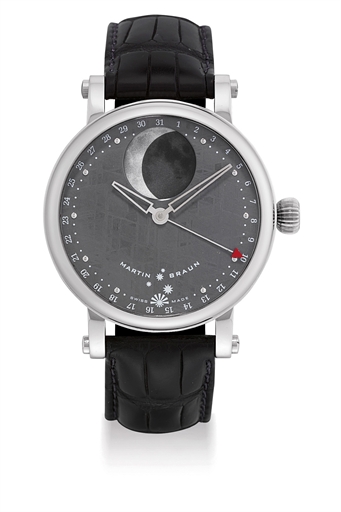 MARTIN BRAUN. AN UNUSUAL STAINLESS STEEL AUTOMATIC WRISTWATCH WITH MOON PHASES, DATE AND METEORITE DIAL