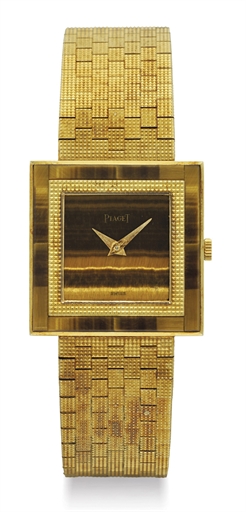 PIAGET. AN 18K GOLD SQUARE WRISTWATCH WITH BRACELET, TIGER'S EYE DIAL AND BEZEL