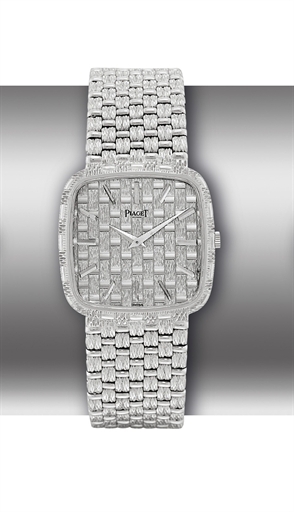 PIAGET. AN 18K WHITE GOLD SQUARE SHAPED WRISTWATCH WITH BRACELET