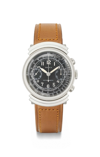 Rolex. A fine, rare and unusual stainless steel chronograph wristwatch with black dial and stepped hooded lugs