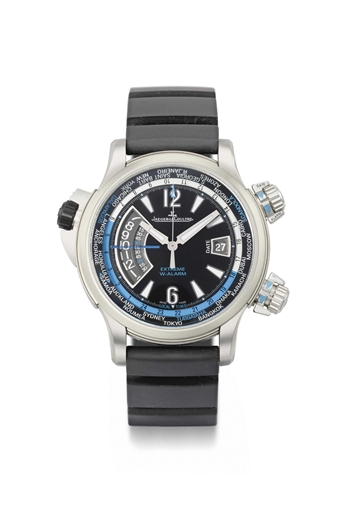 Jaeger-LeCoultre. A large titanium limited edition automatic world time wristwatch with sweep centre seconds, date and alarm
