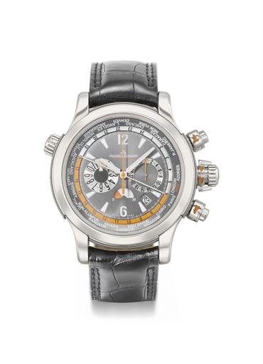 Jaeger-LeCoultre. A large platinum limited edition automatic world time chronograph wristwatch with date