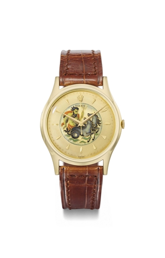 Rolex. An extremely fine, rare, large and important 18K gold wristwatch with sweep centre seconds and cloisonn