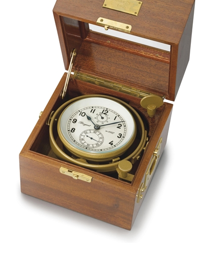 Chronometerwerke Wempe, made for Breguet. A brass and varnish-coated 2-day beating half-seconds marine chronometer with box