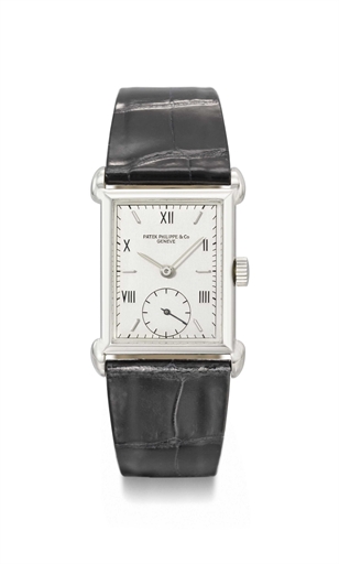 Patek Philippe. A rare stainless steel rectangular wristwatch with unusual lugs