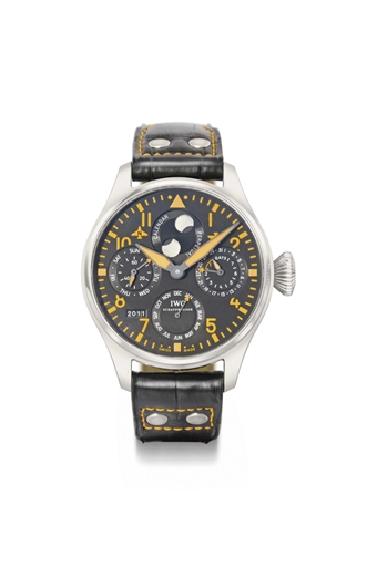 IWC. A large, fine and rare stainless steel limited edition automatic perpetual calendar pilot's wristwatch with 7-day power reserve and moon phases