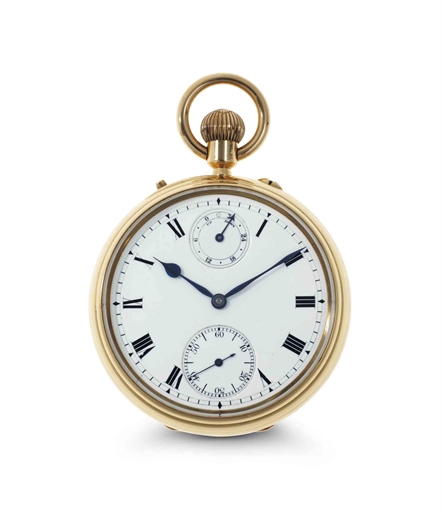 S. Smith & Sons. An Extremely Fine And Rare 18k Gold Openface Keyless Lever Pocket Watch With One Minute Tourbillon, Up and Down Indicator and Class A Kew Certificate