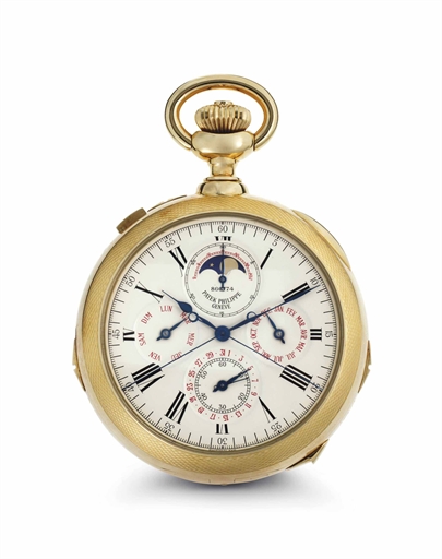 Patek Philippe. A Very Rare And Impressive 18k Gold Minute Repeating Perpetual Calendar Split-Seconds Keyless lever Chronograph Clockwatch With Grande And Petite Sonnerie And Moon Phases