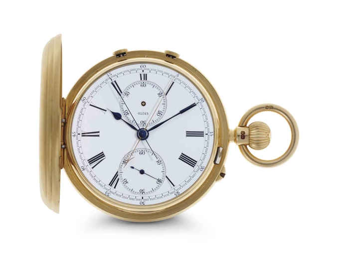 Smith & Son. A Fine 18k Gold Hunter Case Split-Seconds Chronograph Keyless Lever Pocket Watch With Sixty Minute Register
