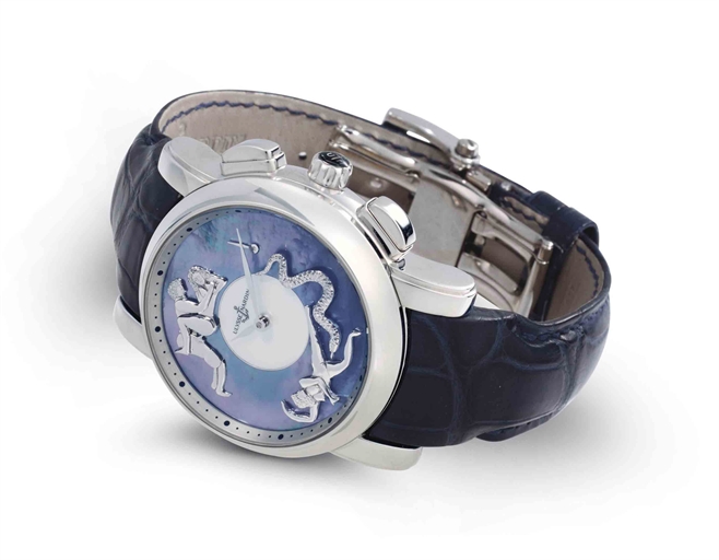 Ulysse Nardin. A Fine Platinum and Mother-of-Pearl Jacquemart Striking Erotica Wristwatch