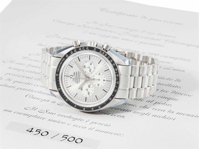 Omega. A fine 18K white gold limited edition chronograph wristwatch with bracelet, original certificate and box